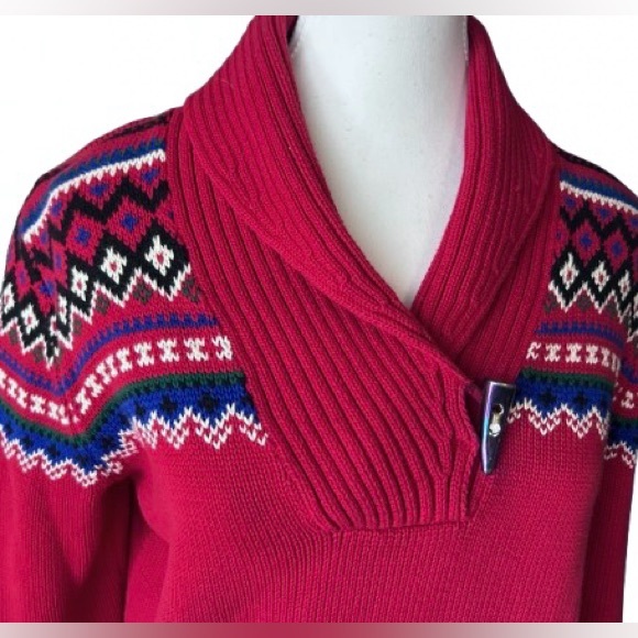 Cotton Ralph Lauren Toggle Women's Red Sweater Fair Aisle Pattern Christmas - Picture 3 of 9